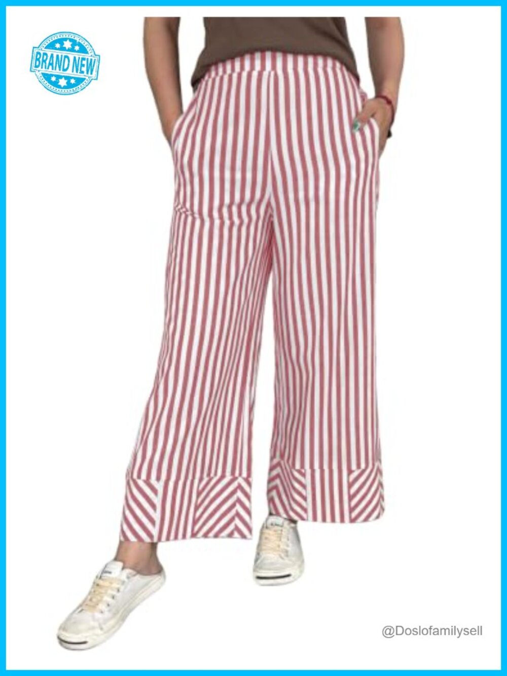 Women's Wide Leg Striped Cropped Pants with Pockets Pull On High Rise